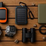 Top outdoor adventure gear including GPS device, solar charger, and rugged smartwatch on a backpack