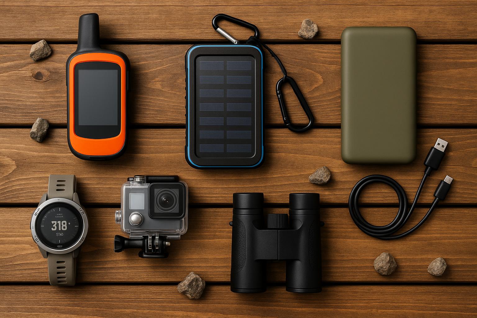 Top outdoor adventure gear including GPS device, solar charger, and rugged smartwatch on a backpack