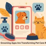 Dog receiving a virtual grooming consultation using a mobile pet care app at home