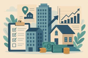 Real estate investment process from property sourcing to stabilization concept illustration