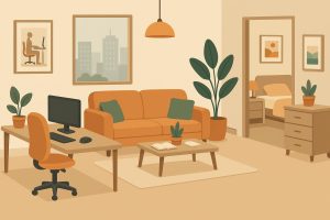 Ergonomic home office setup in a modern condo highlighting daily comfort and productivity features