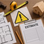 Contractor reviewing home renovation plans in a modern kitchen with visible construction materials