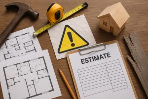 Contractor reviewing home renovation plans in a modern kitchen with visible construction materials