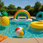 Colorful pool floats and water toys in a bright outdoor swimming pool on a sunny day
