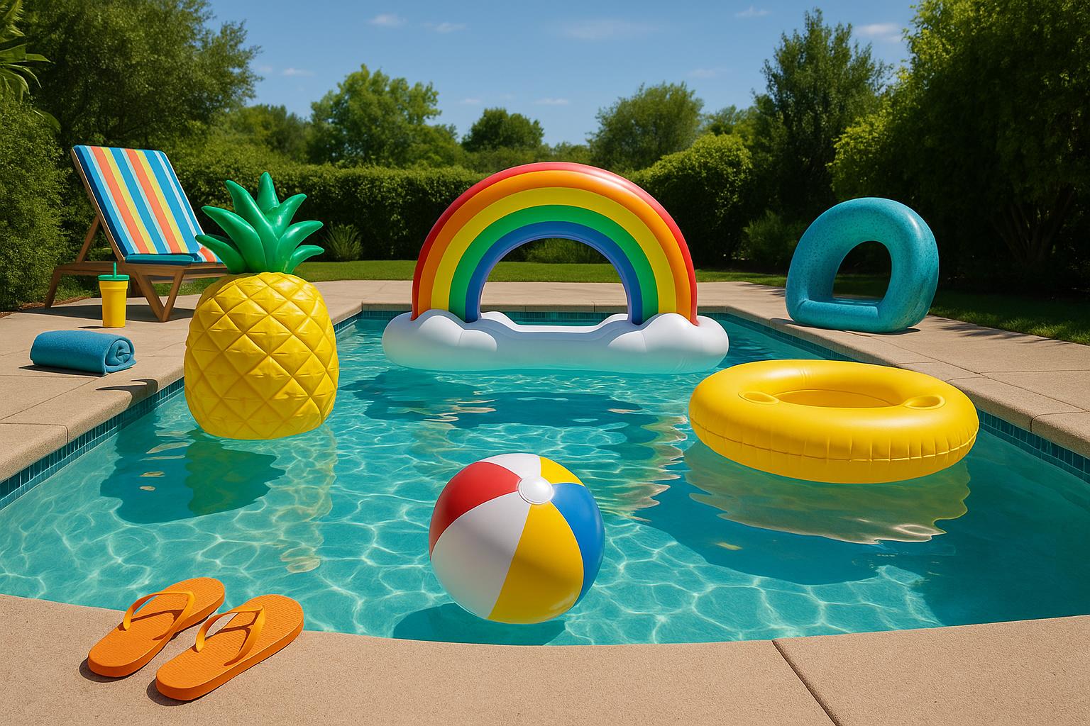 Colorful pool floats and water toys in a bright outdoor swimming pool on a sunny day
