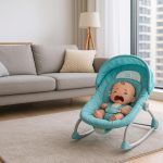 Parent gently comforting a crying baby in a modern condo living room setting