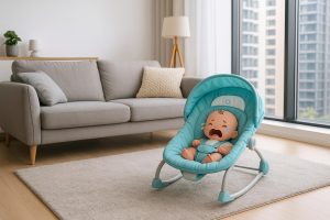Parent gently comforting a crying baby in a modern condo living room setting