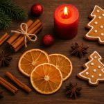Candle, pine branches, and dried oranges creating a cozy Christmas scent in a modern condo