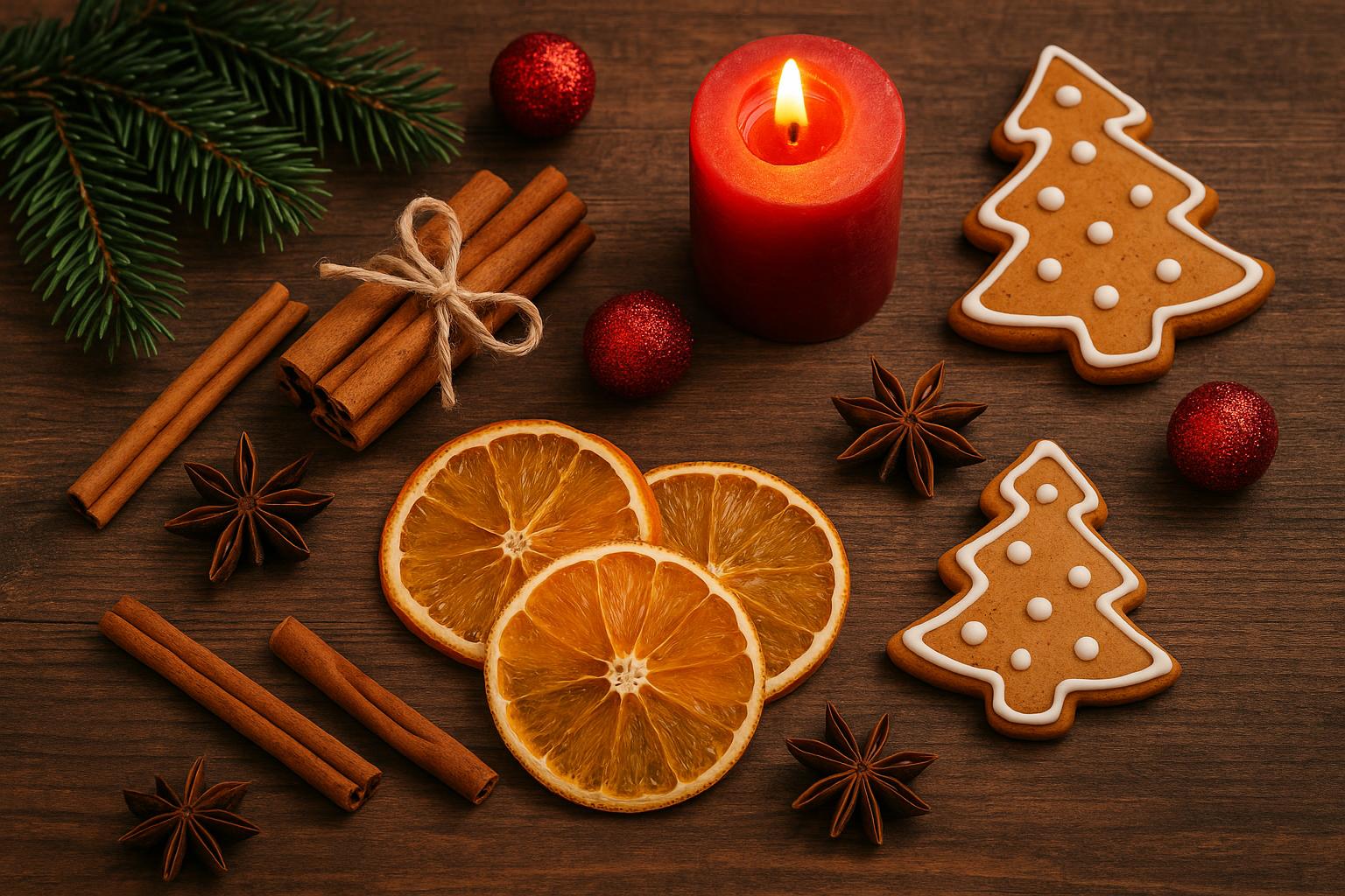 Candle, pine branches, and dried oranges creating a cozy Christmas scent in a modern condo