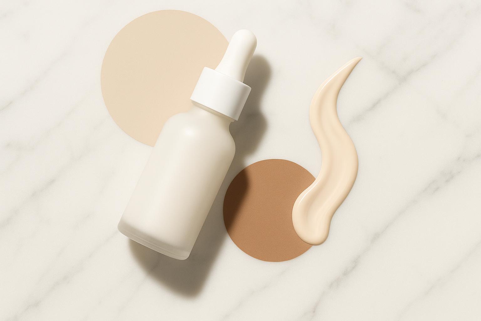 Serum bottle and smooth skin representing advanced pigmentation correction for even-toned beauty