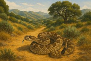 Rattlesnake coiled on a California hiking trail, highlighting safety tips for hikers