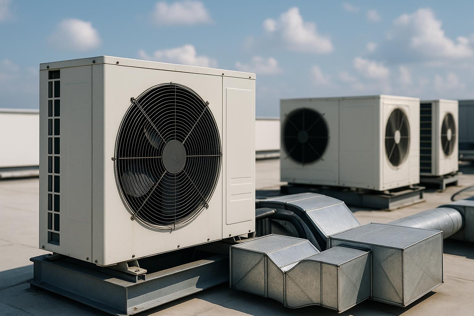 Modern commercial air conditioning unit in a business setting, highlighting upgrade indicators