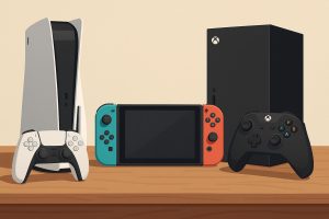 Colorful gaming consoles on a living room table, suitable for children and family-friendly play