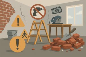 Modern Singapore apartment renovation with construction tools and design plans on display