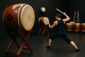 Taiko drummers practicing synchronized group routines for performance tour preparation