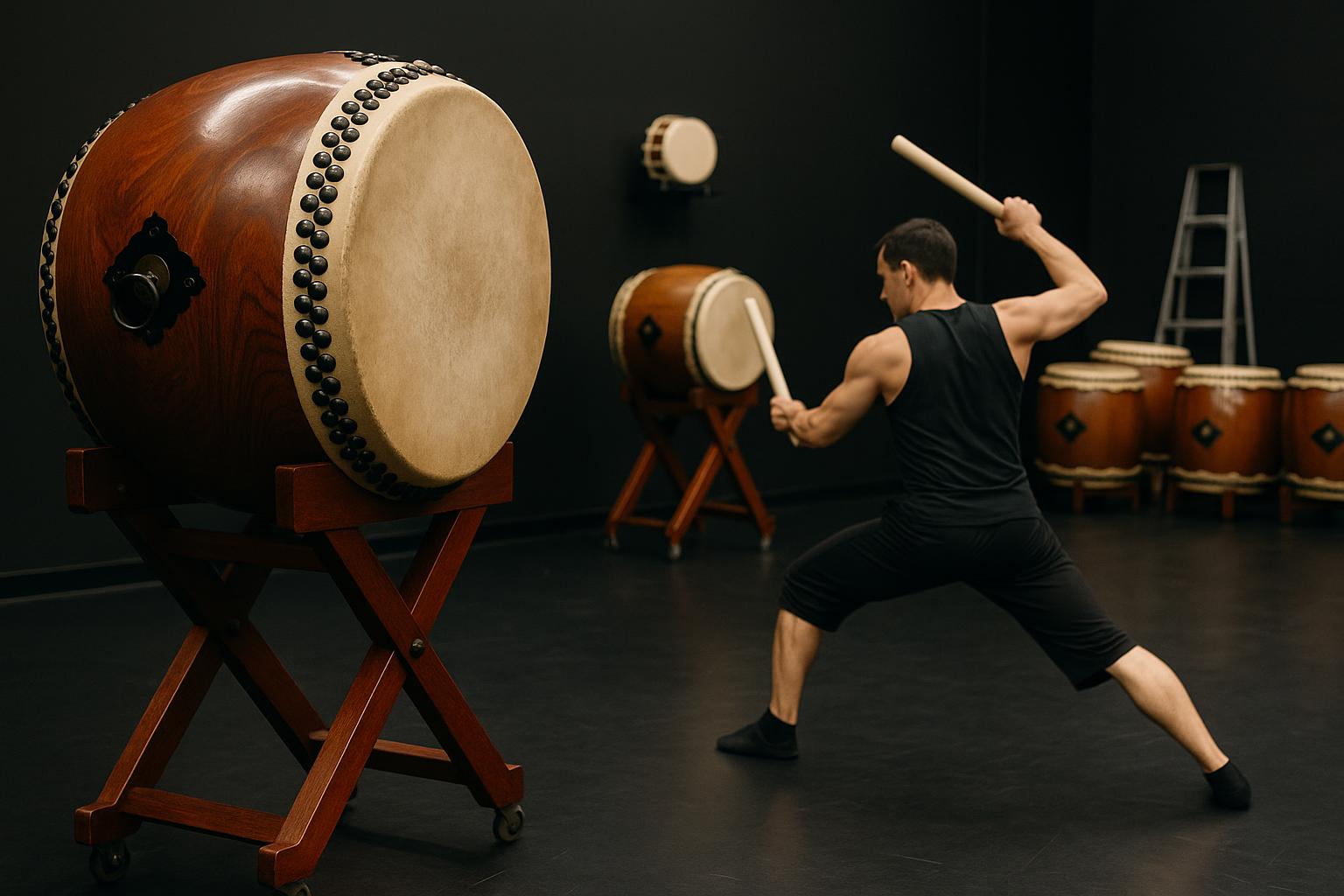 Taiko drummers practicing synchronized group routines for performance tour preparation