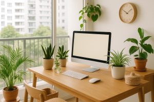 Sustainable home office setup in a modern condo with ergonomic furniture and green plants