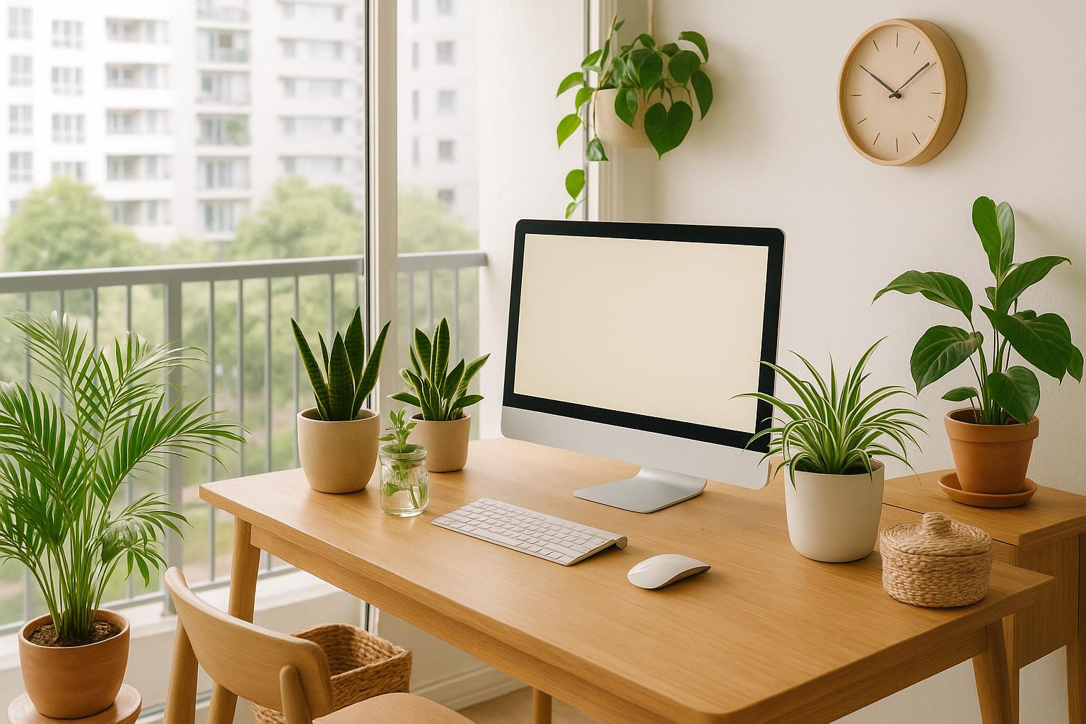 Sustainable home office setup in a modern condo with ergonomic furniture and green plants