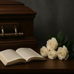 Funeral director arranging floral tributes and casket in a funeral home setting