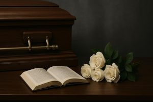 Funeral director arranging floral tributes and casket in a funeral home setting