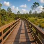 Wooden boardwalk trail winding through lush Florida wetland, preserving sensitive park ecosystem
