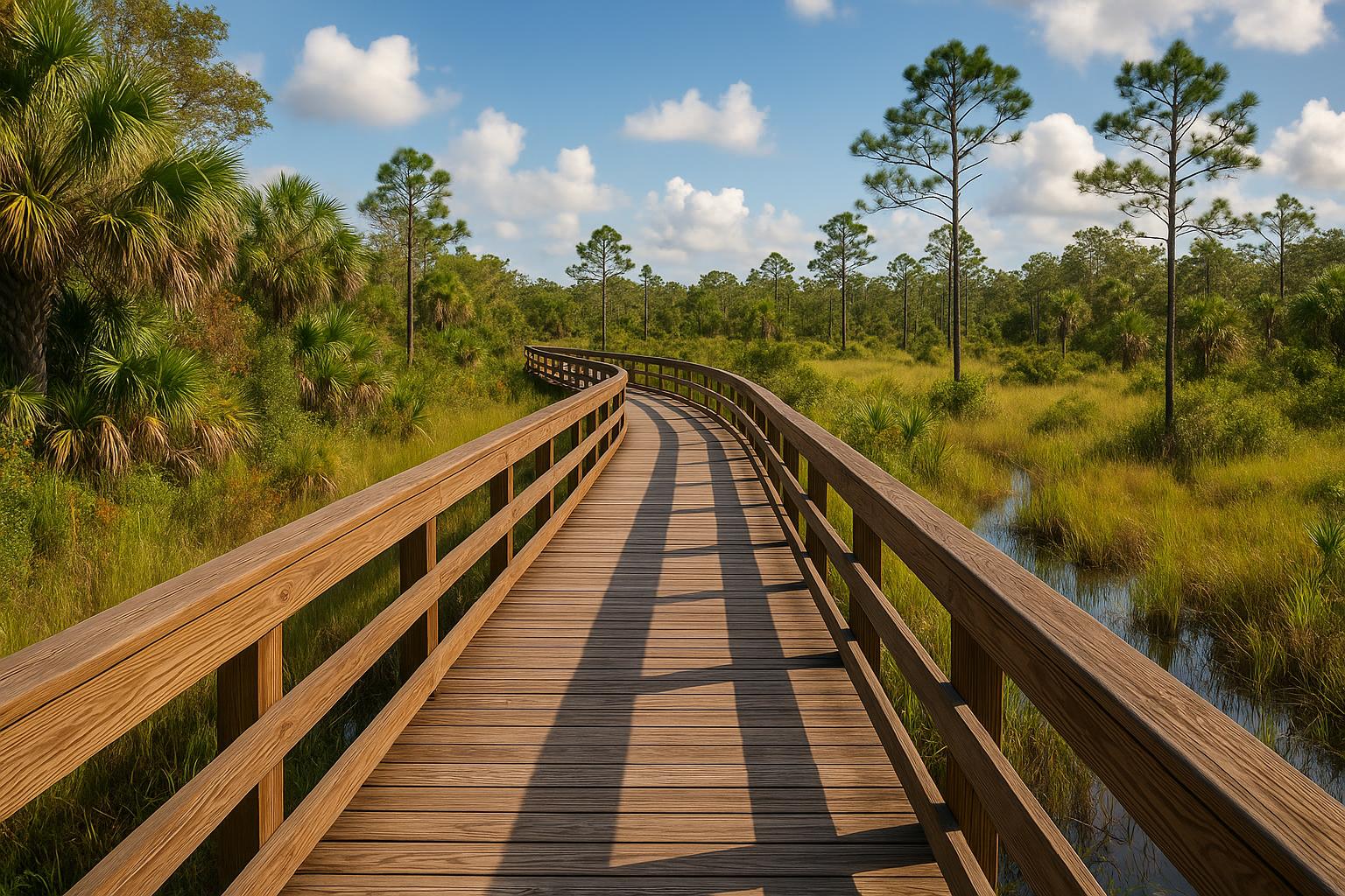 Wooden boardwalk trail winding through lush Florida wetland, preserving sensitive park ecosystem