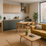 Modern co living apartment with shared lounge area and workspace attracting young professionals