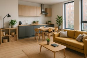 Modern co living apartment with shared lounge area and workspace attracting young professionals
