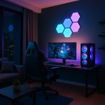 Modern condo living room transformed into a stylish gaming setup with LED lights and consoles