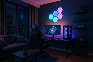 Modern condo living room transformed into a stylish gaming setup with LED lights and consoles