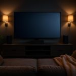 Modern home theater setup with large TV, surround sound speakers, and cozy seating arrangement