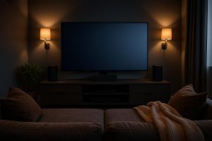 Modern home theater setup with large TV, surround sound speakers, and cozy seating arrangement