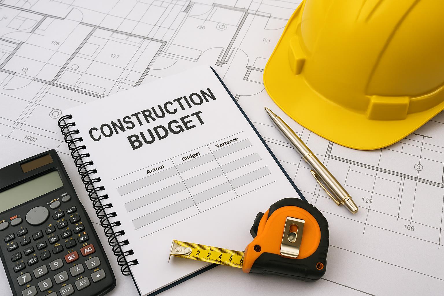Construction project budget analysis with charts, documents, and financial planning tools