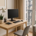 Modern condo workstation setup with ergonomic desk, office chair, laptop, and natural lighting