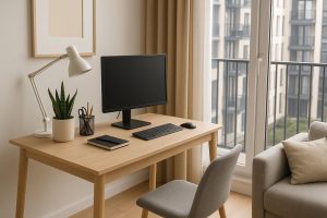 Modern condo workstation setup with ergonomic desk, office chair, laptop, and natural lighting