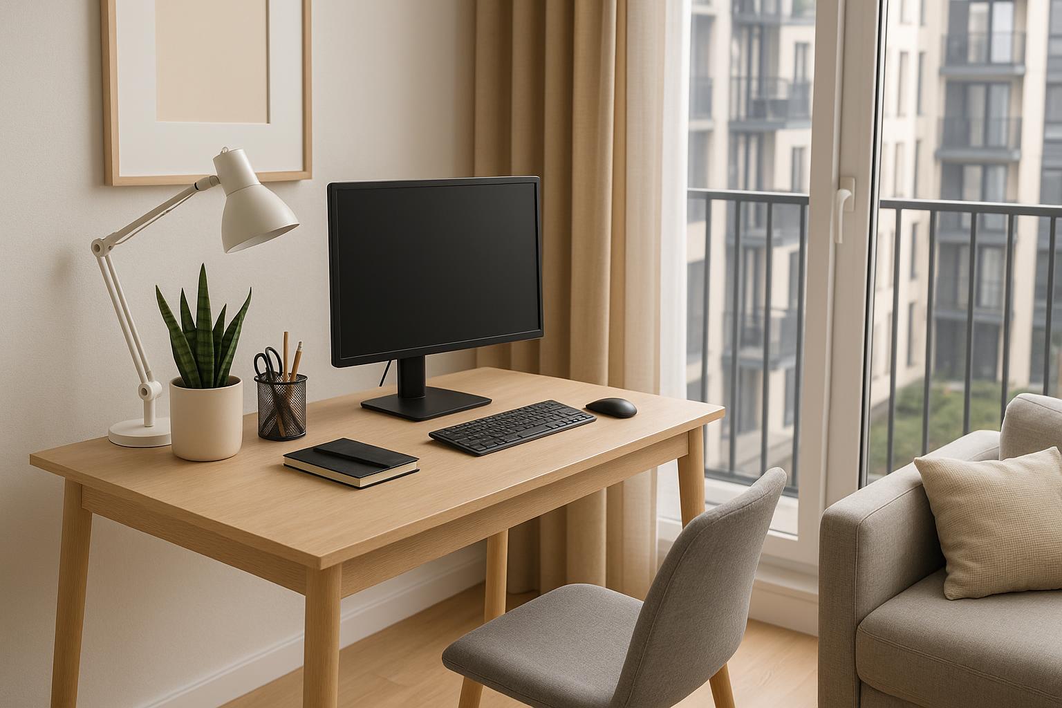 Modern condo workstation setup with ergonomic desk, office chair, laptop, and natural lighting