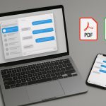 Mac desktop displaying iMessage and SMS conversations being exported as PDF and CSV files