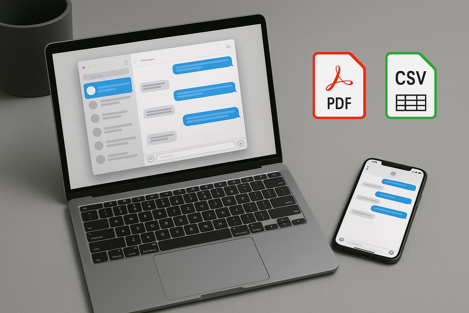 Mac desktop displaying iMessage and SMS conversations being exported as PDF and CSV files