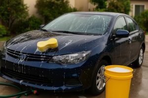 Person washing a car in a driveway with soap, sponge, and water for home car cleaning tips