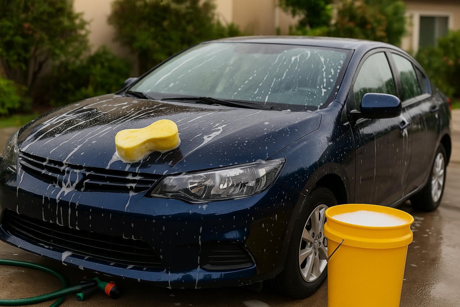 Person washing a car in a driveway with soap, sponge, and water for home car cleaning tips
