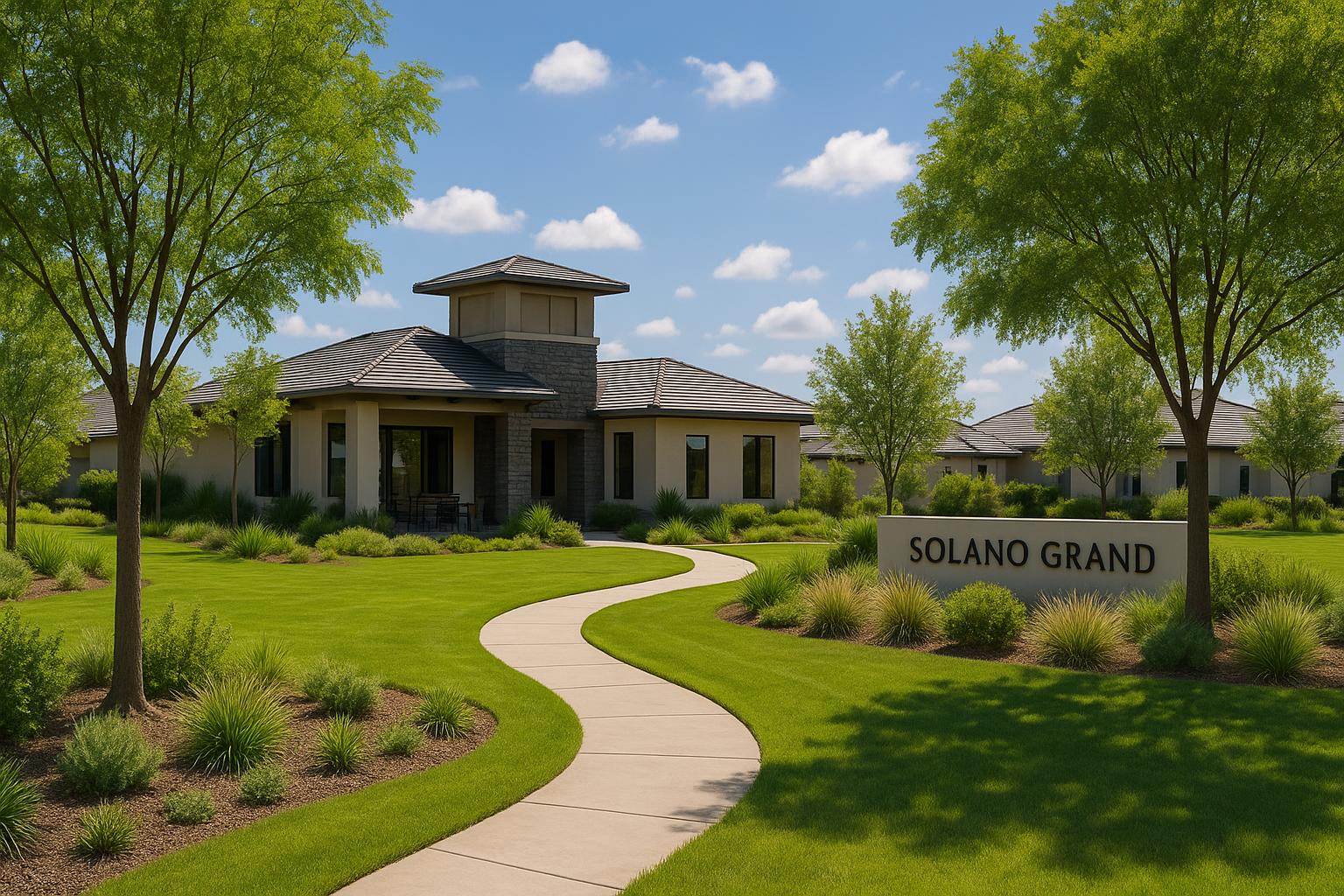 Modern eco-friendly homes surrounded by lush greenery in Solano Grand residential community