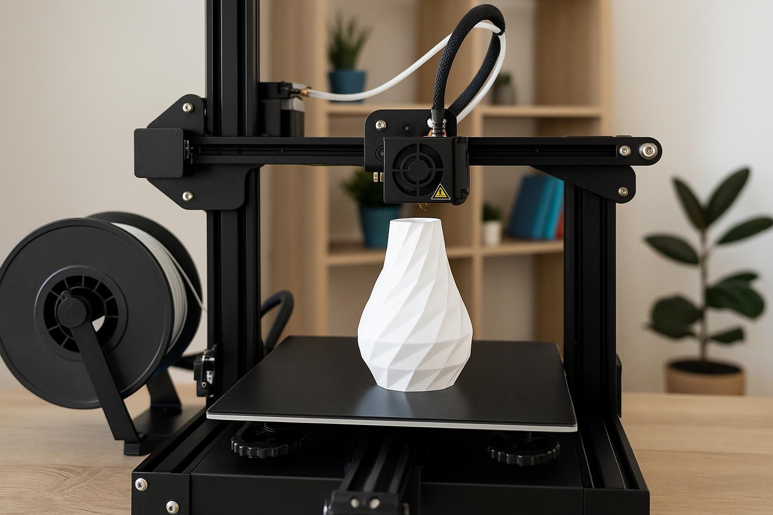 Close-up of a modern 3D printer creating a plastic model on a home desk