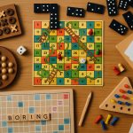 Board game collection on a wooden table with dice and cards for unique game enjoyment