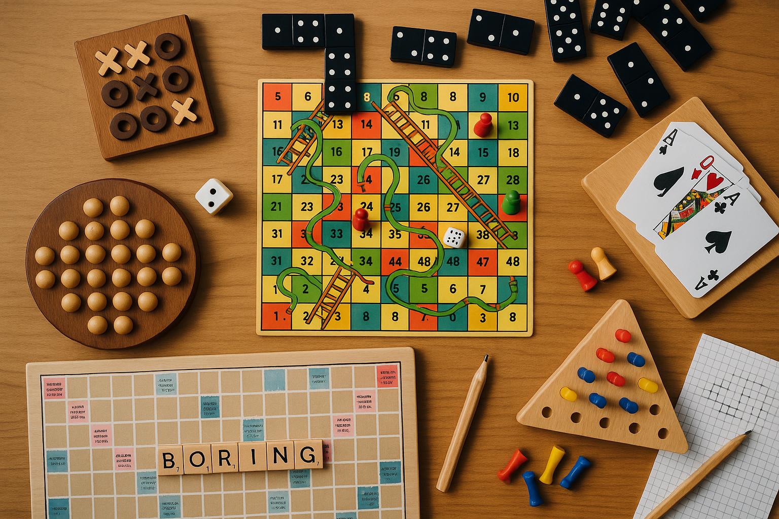 Board game collection on a wooden table with dice and cards for unique game enjoyment