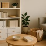 Neatly arranged living room with storage solutions and organized shelves for a functional home