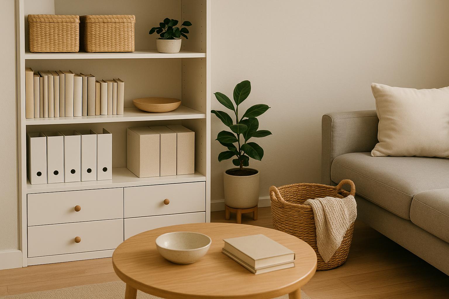 Neatly arranged living room with storage solutions and organized shelves for a functional home