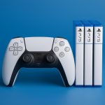 PS5 console with popular game titles and DualSense controller on a gaming setup