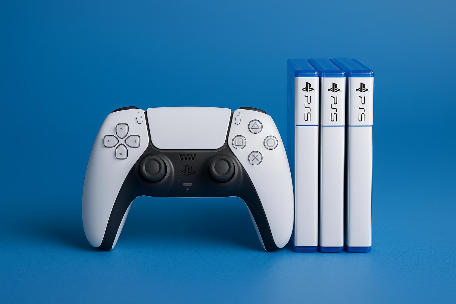 PS5 console with popular game titles and DualSense controller on a gaming setup
