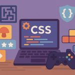 Colorful code snippets and playful gaming icons illustrating CSS game-based learning tools