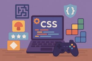 Colorful code snippets and playful gaming icons illustrating CSS game-based learning tools